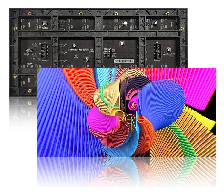 Fine-pitch indoor LED module, front showing the image and rear showing the cabinet electronics